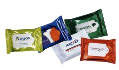 promotional printed wet wipes with logo in multi flow-pack