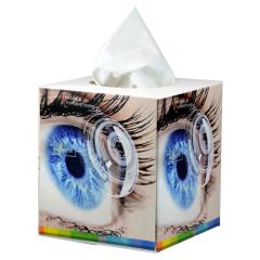 Tissue box with only partly the eye-catching contact lens glossy laminated